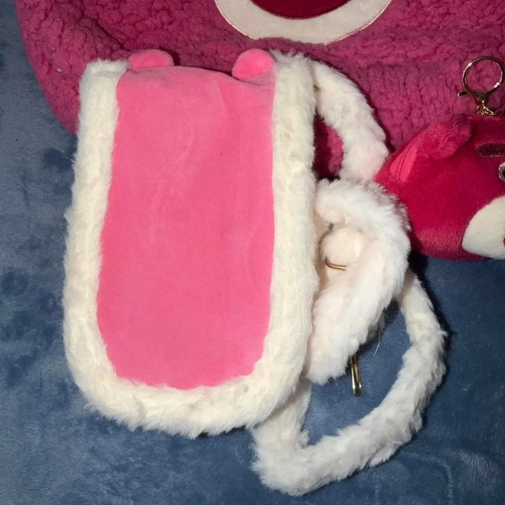 Pink and white plush Lotso bag with matching keychain and side bag lot of 3